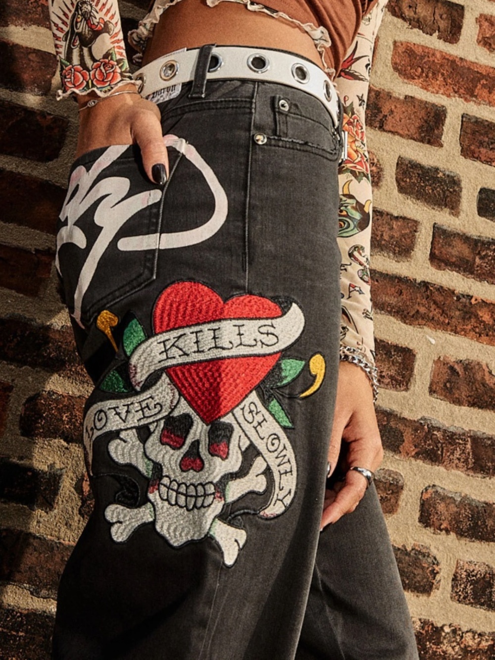 Ed Hardy LKS Skull Wide Leg Jean Women's Size 26 Black Denim (V)